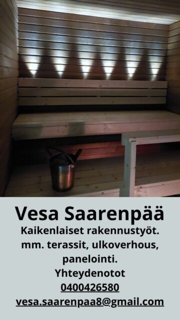Mainoskuva Vesa Saarenpää. Mainoksessa kuva Vesan remointoimasta saunasta.