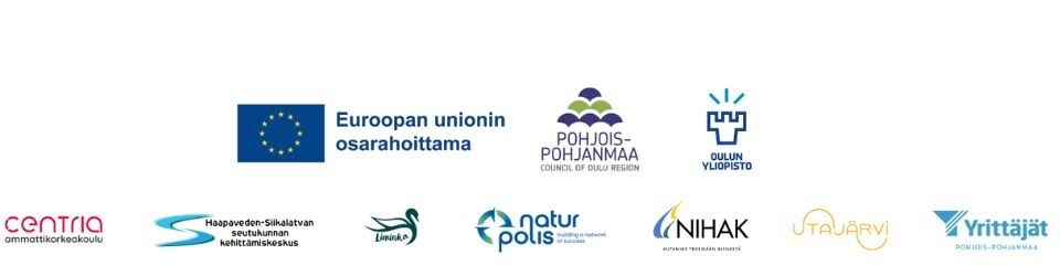 KASVA-hankkeen rahoittajien EU:n lippulogo ja Pohjois-Pohjanmaan liiton logot sekä ryhmähankkeen toteuttajien Oulun Yliopiston, Centria AMK:n, Haapaveden-Siikalatvan seutukunnan kehittämiskeskuksen, Limingan kunnan, Koillis-Suomen kehittämisyhtiö Naturpoliksen, Nihakin, Utajärven Yrityspuosto Oy:n ja Pohjois-Pohjanmaan Yrittäjien Logot
