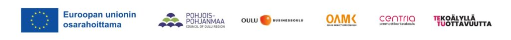 TETU-Tekoälyllä tuottavuutta -hankkeen logot; EU:n lippulogo, Pohjois-Pohjanmaan liiton, Business Oulun, OAMK ja Centria AMKn logot sekä Tekoälyllä tuottavuutta-hankelogo